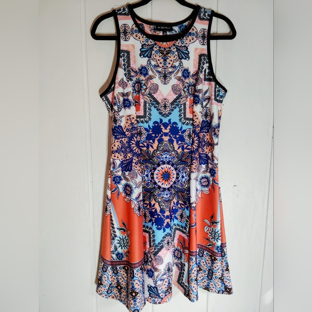 My Michelle Blue and Orange Patterned Midi Dress